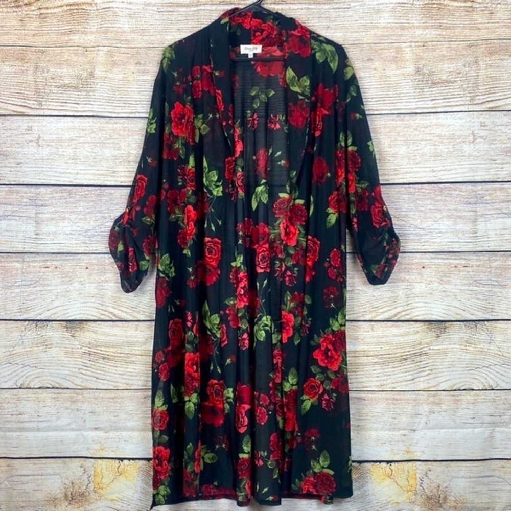 Red Rose Black Kimono Cardigan